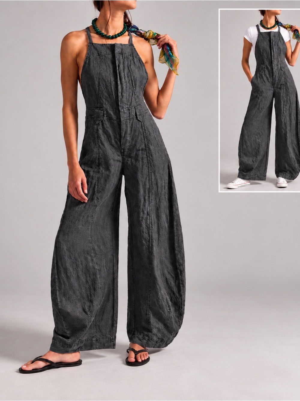 Free People Sylvia Barrel Leg One-Piece Charcoal T-Back Lyocell Nylon Jumpsuit S